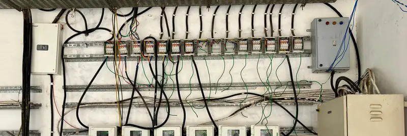 A row of industrial toggle switches on a metal control panel