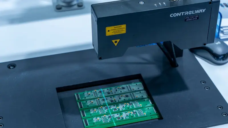 A print production line with a quality-control check underway