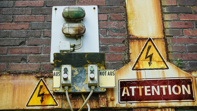 A yellow caution sign in an industrial setting