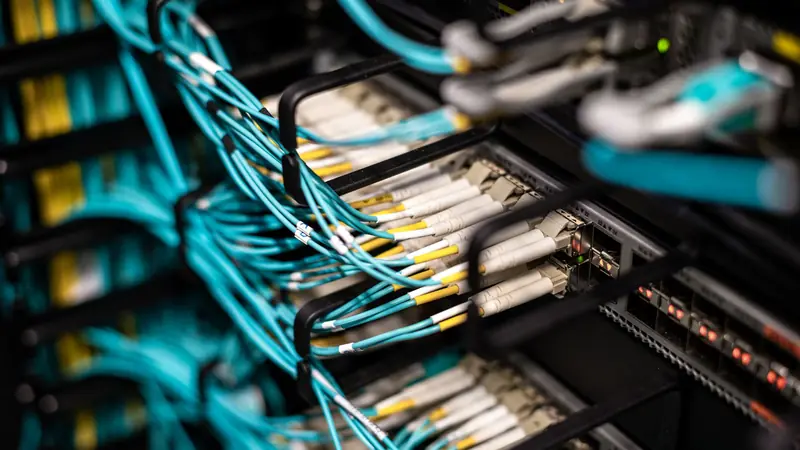 Network cables patched into a rack of servers