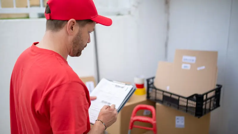 Parcels with printed shipping labels on a sorting bench