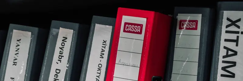 Labelled document folders standing in a row